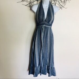 OPHELIA MOON halter maxi dress. Blue boho tiewaist